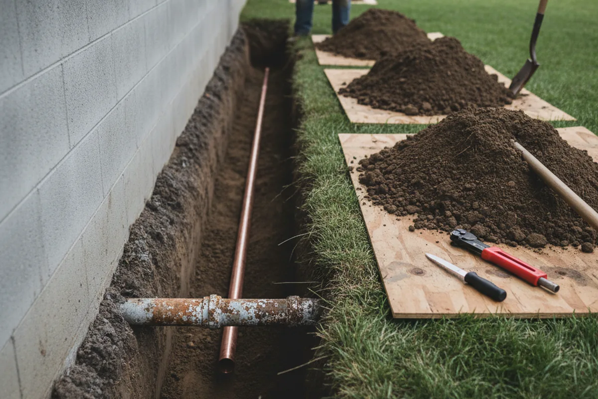 Excavated water line trench during Water Softener Installation in Truesdale